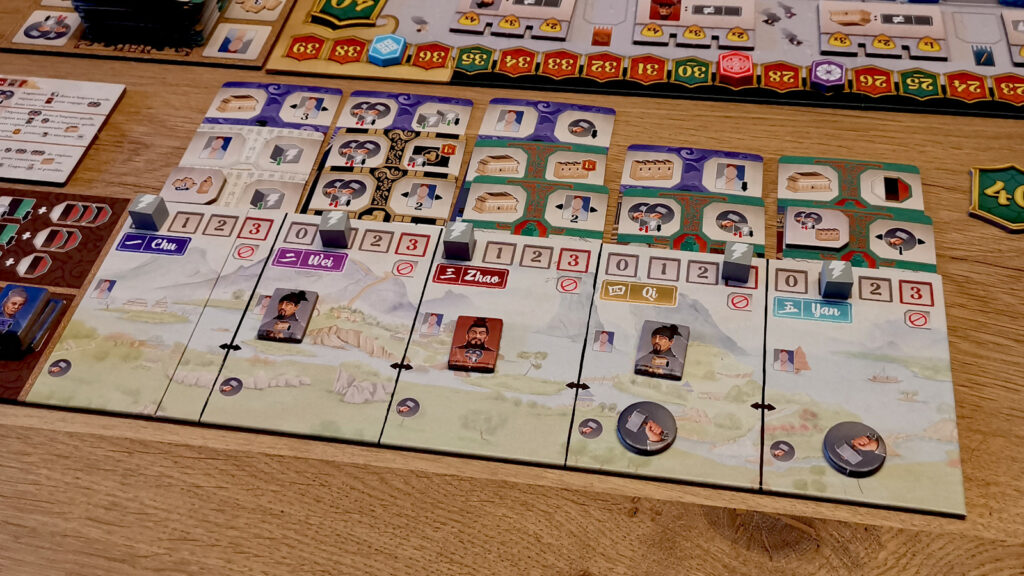 Les différentes régions du plateau joueur avec les cartes améliorant les actions du jeu